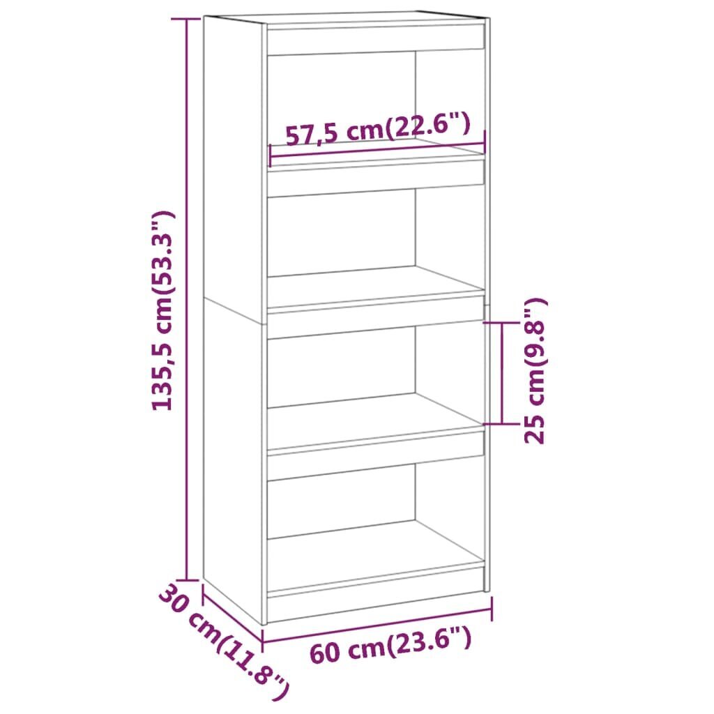 Grāmatu skapis/Telpas nodalījums, pelēks, 60x30x135,5cm, priede цена и информация | Plaukti | 220.lv