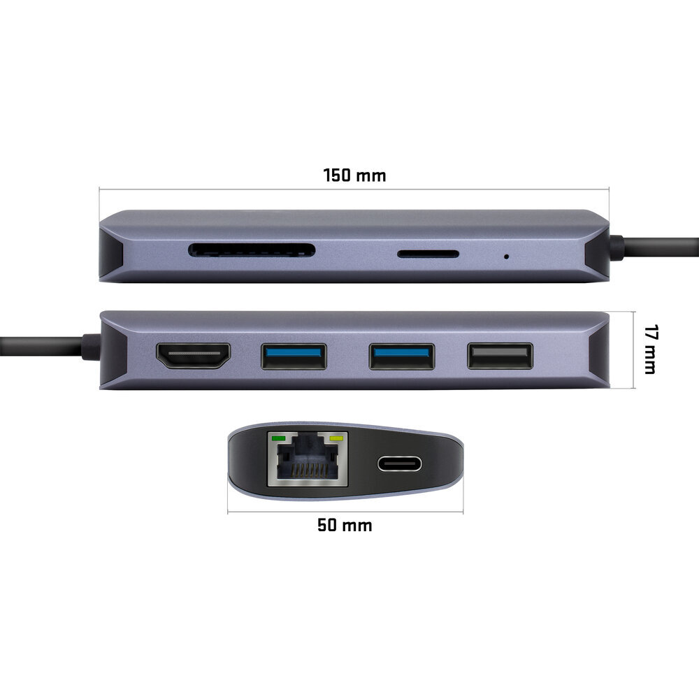 USB centrmezgls 8in1 YENKEE, 3.2 (Gen 1) USB C - 1xUSB C, 100W / 1xHDMI 4k@30Hz / 1xUSB-A 2.0/ 1xUSB-A 3.0/Port RJ-45 (Ethernet), 1000 Mbps/ SD / Micro SD cena un informācija | Adapteri un USB centrmezgli | 220.lv