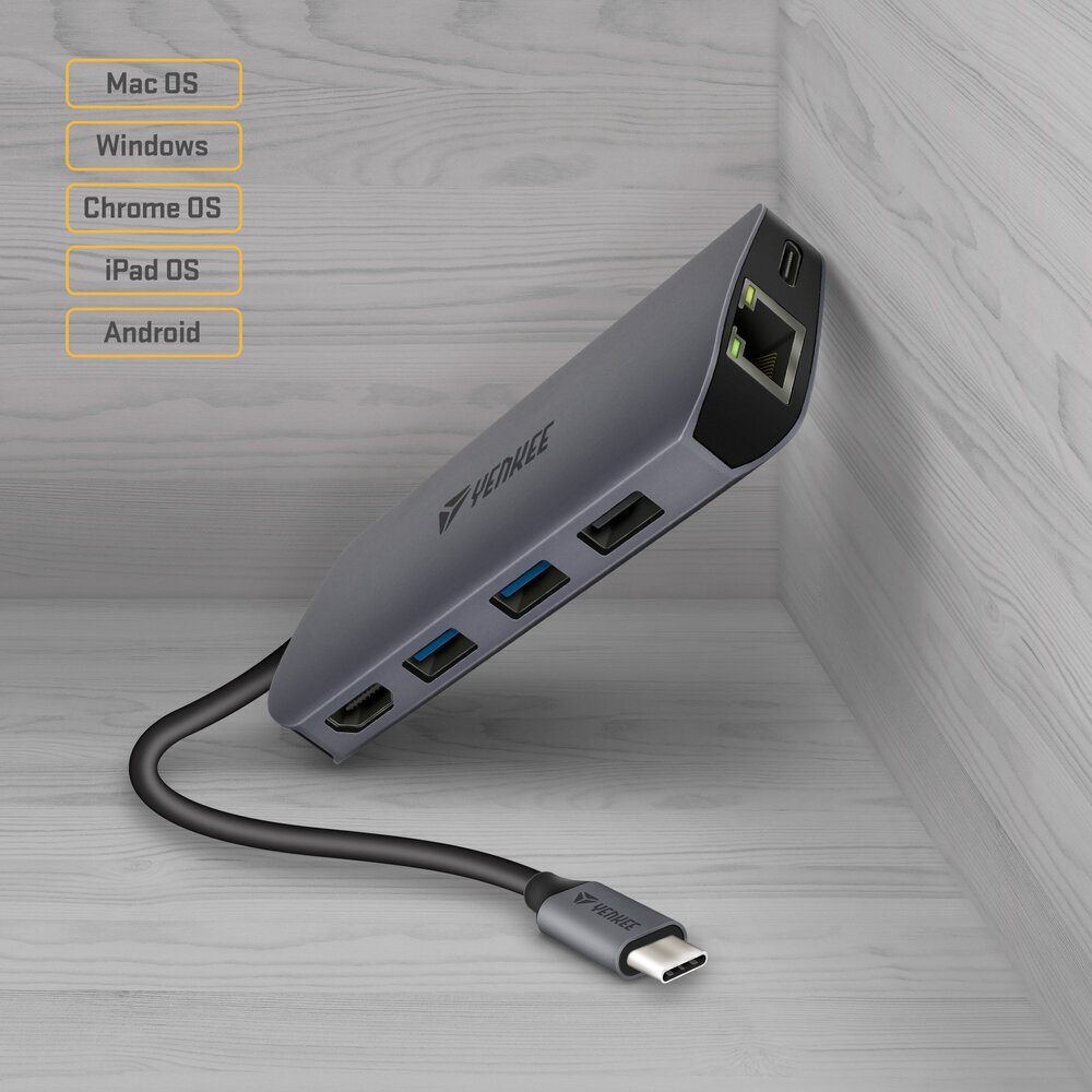 USB centrmezgls 8in1 YENKEE, 3.2 (Gen 1) USB C - 1xUSB C, 100W / 1xHDMI 4k@30Hz / 1xUSB-A 2.0/ 1xUSB-A 3.0/Port RJ-45 (Ethernet), 1000 Mbps/ SD / Micro SD cena un informācija | Adapteri un USB centrmezgli | 220.lv