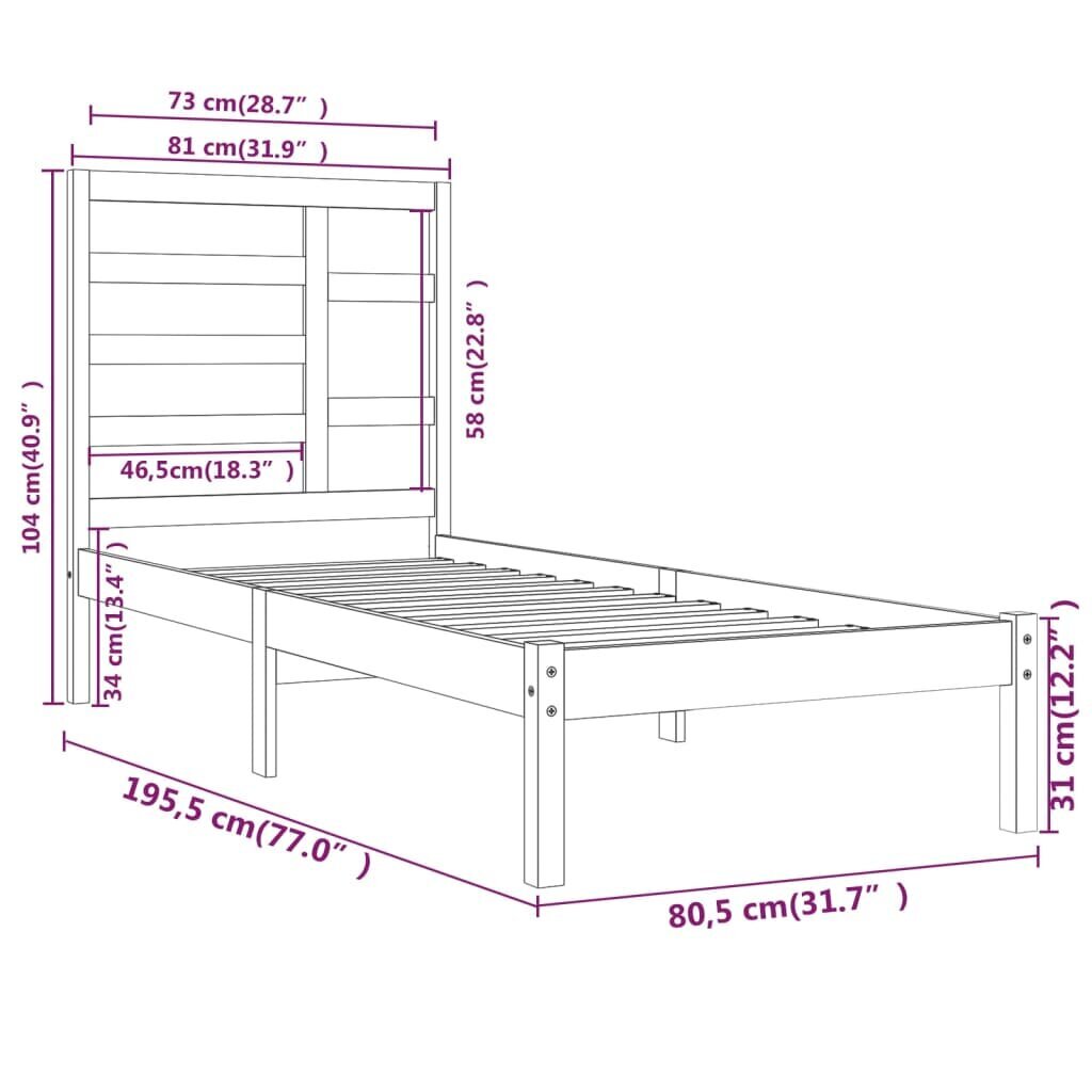 Gultas rāmis, melns, 75x190cm, masīvkoks, vienvietīgs cena un informācija | Gultas | 220.lv