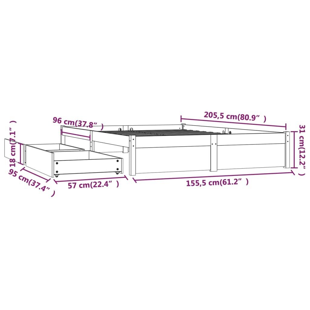 Gultas rāmis ar atvilktnēm, pelēks, 150x200cm цена и информация | Gultas | 220.lv