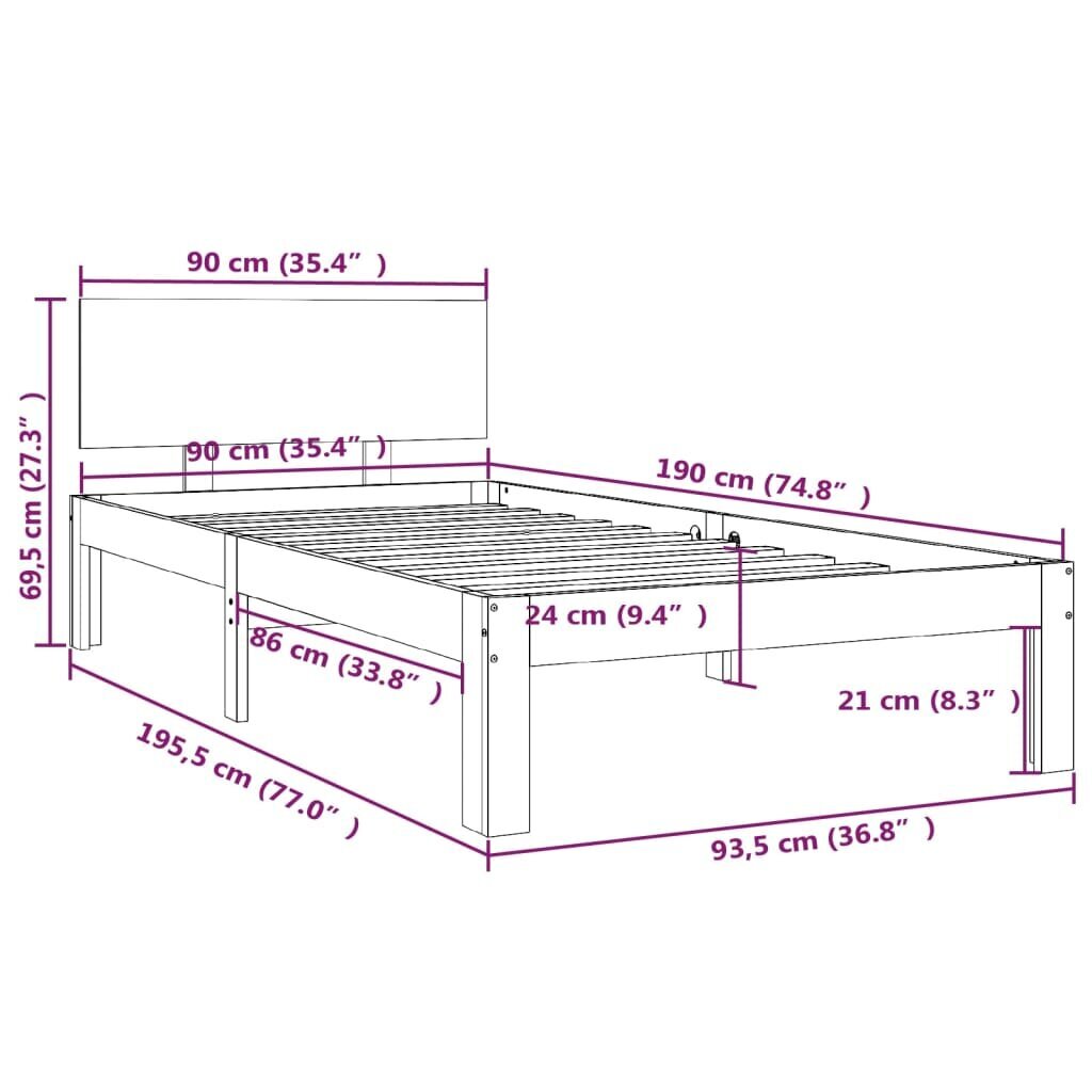 Gultas rāmis, balts, 90x190cm, masīvkoks, vienvietīgs cena un informācija | Gultas | 220.lv