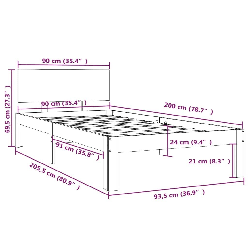 Gultas rāmis, 90x200 cm, priedes masīvkoks cena un informācija | Gultas | 220.lv