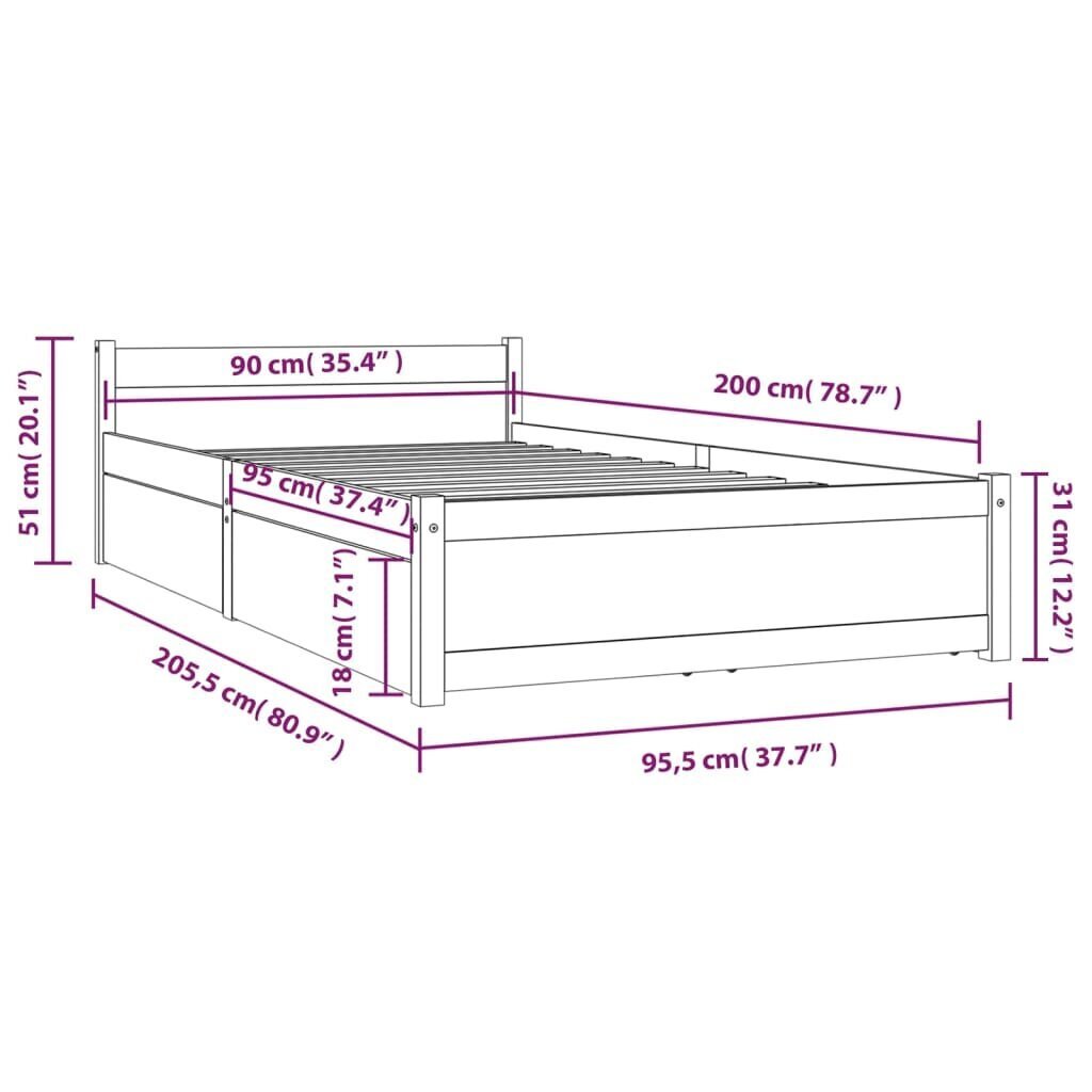 Gultas rāmis ar atvilktnēm, balts, 90x200cm cena un informācija | Gultas | 220.lv