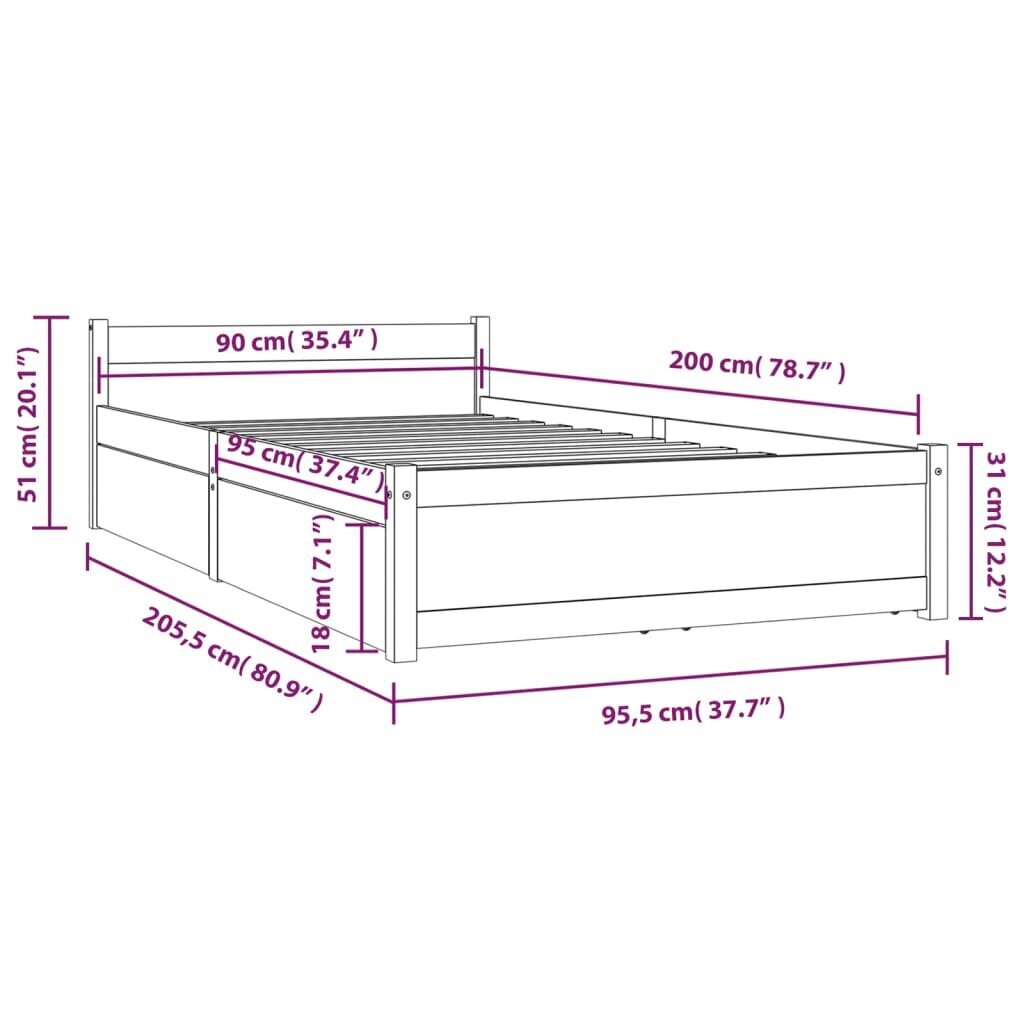 Gultas rāmis ar atvilktnēm, medus brūnā krāsā, 90x200cm cena un informācija | Gultas | 220.lv