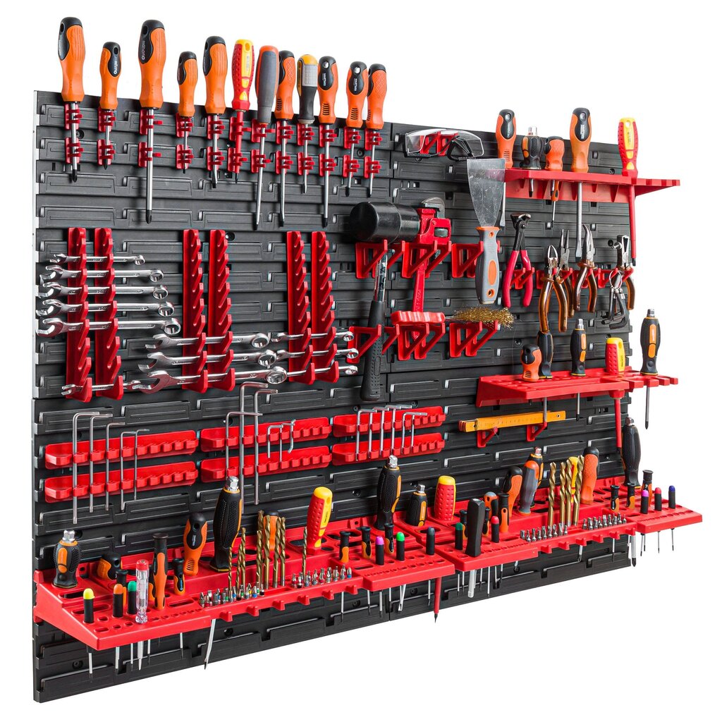 Instrumentu siena 115x78 cm - 58 instrumentu turētāju komplekts ar perforētu sienu darbnīcas plaukts plastmasas garāžas darbnīcas sienas plaukts darbnīcas plaukts cena un informācija | Instrumentu kastes | 220.lv