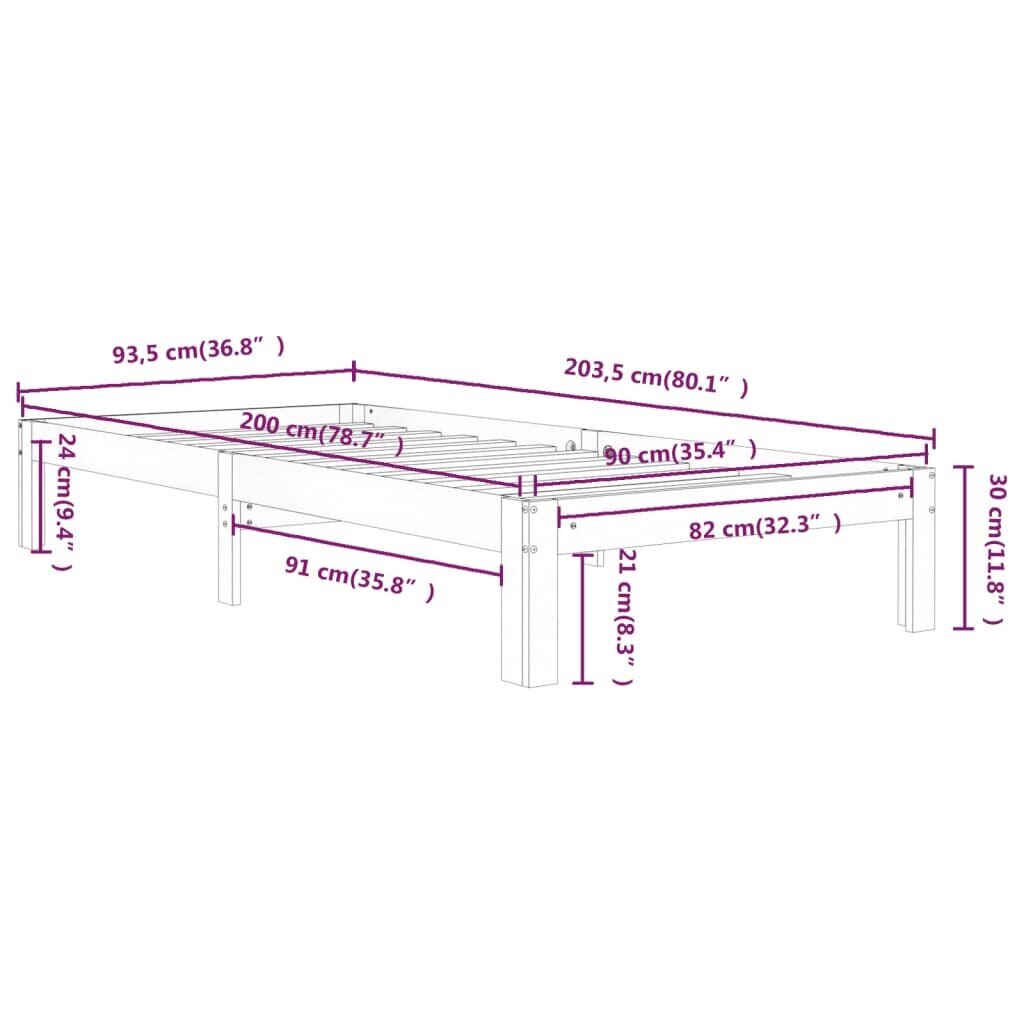 Gultas rāmis, balts, 90x200cm, priedes masīvkoks cena un informācija | Gultas | 220.lv