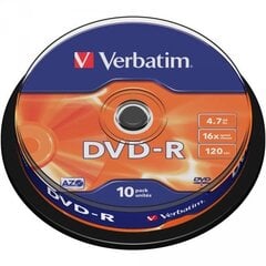 Verbatim DVD-R 16 x 4,7 ГБ (10 шт) цена и информация | Виниловые пластинки, CD, DVD | 220.lv