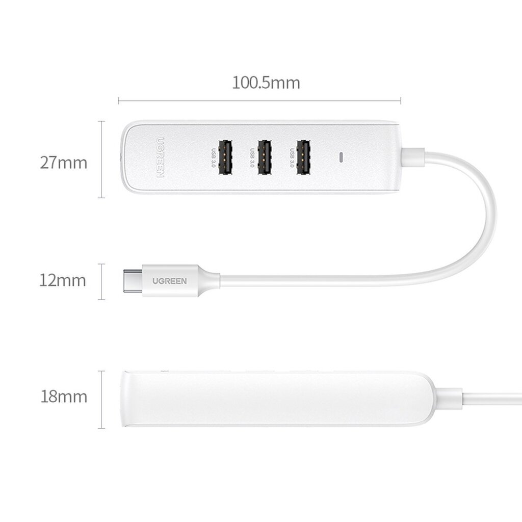 Ugreen 4-in-1 USB HUB Type C - 3x USB Type A 3.1 Gen 1 + RJ45 PD white (CM416 50620) cena un informācija | Adapteri un USB centrmezgli | 220.lv