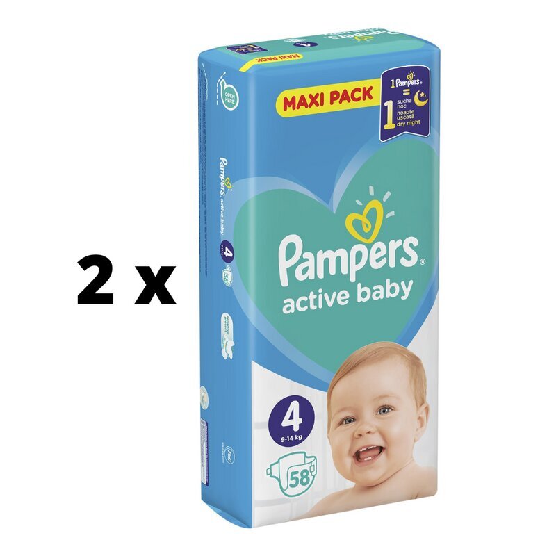 Autiņbiksītes PAMPERS Active Baby Maxi Pack, 4.izm., 9-14 kg, 58 gab. x 2 gab. iepakojums cena un informācija | Autiņbiksītes | 220.lv