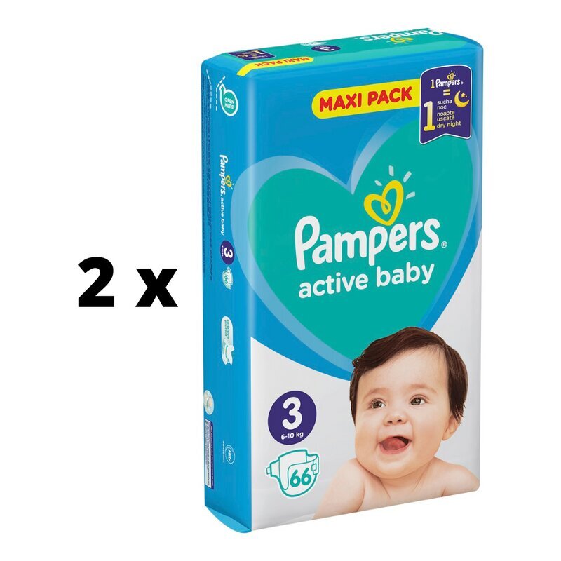 Autiņbiksītes PAMPERS Active Baby Maxi Pack, 3.izm., 6-10kg, 66gab. x 2 gab. iepakojums cena un informācija | Autiņbiksītes | 220.lv