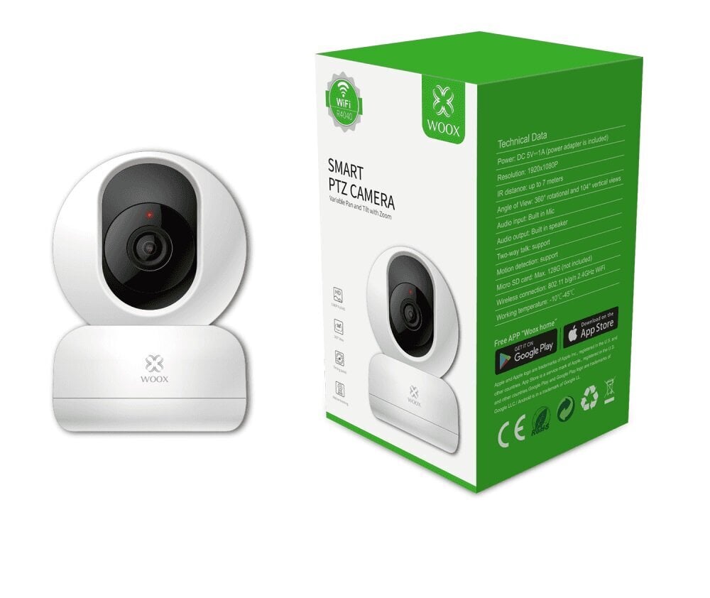 Iekštelpu Full HD viedā PTZ 360° kamera, 1080P, 5V DC, divvirzienu audio, balta, WOOX цена и информация | Novērošanas kameras | 220.lv