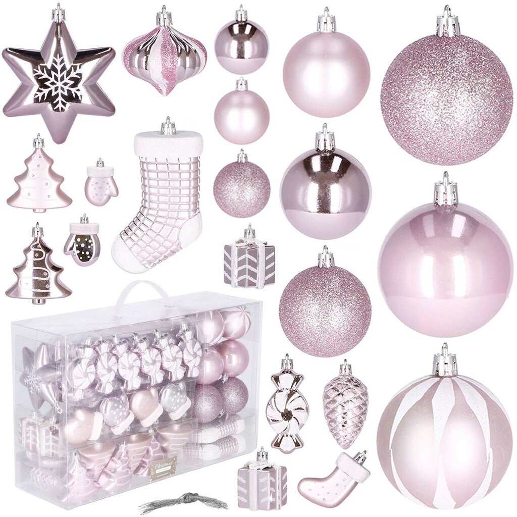 Ziemassvētku eglītes rotājumi - rozā krāsā, 77 gab. cena un informācija | Eglīšu rotājumi | 220.lv