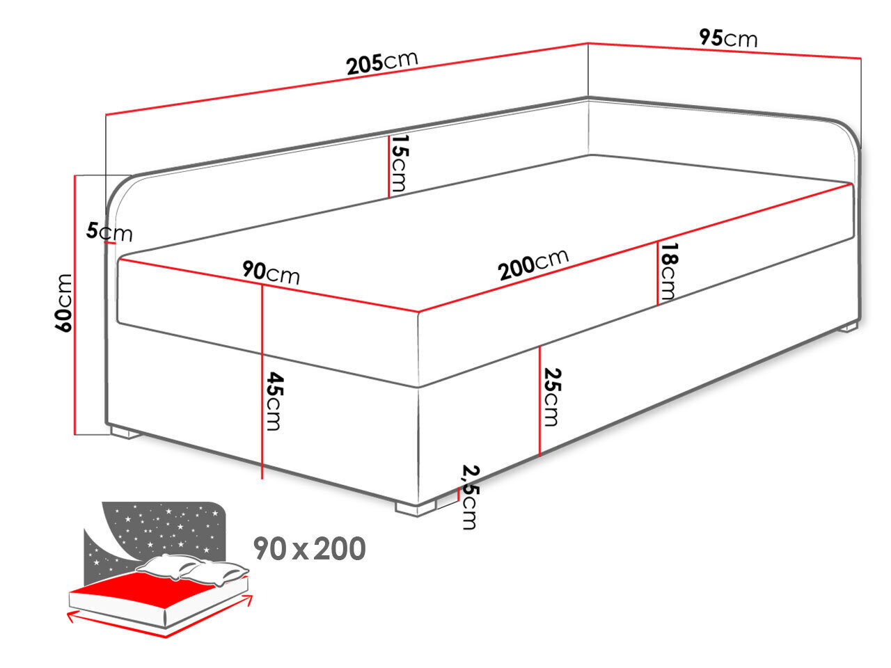 Gulta Draban 90x200cm, tumši pelēka/sarkana цена и информация | Gultas | 220.lv