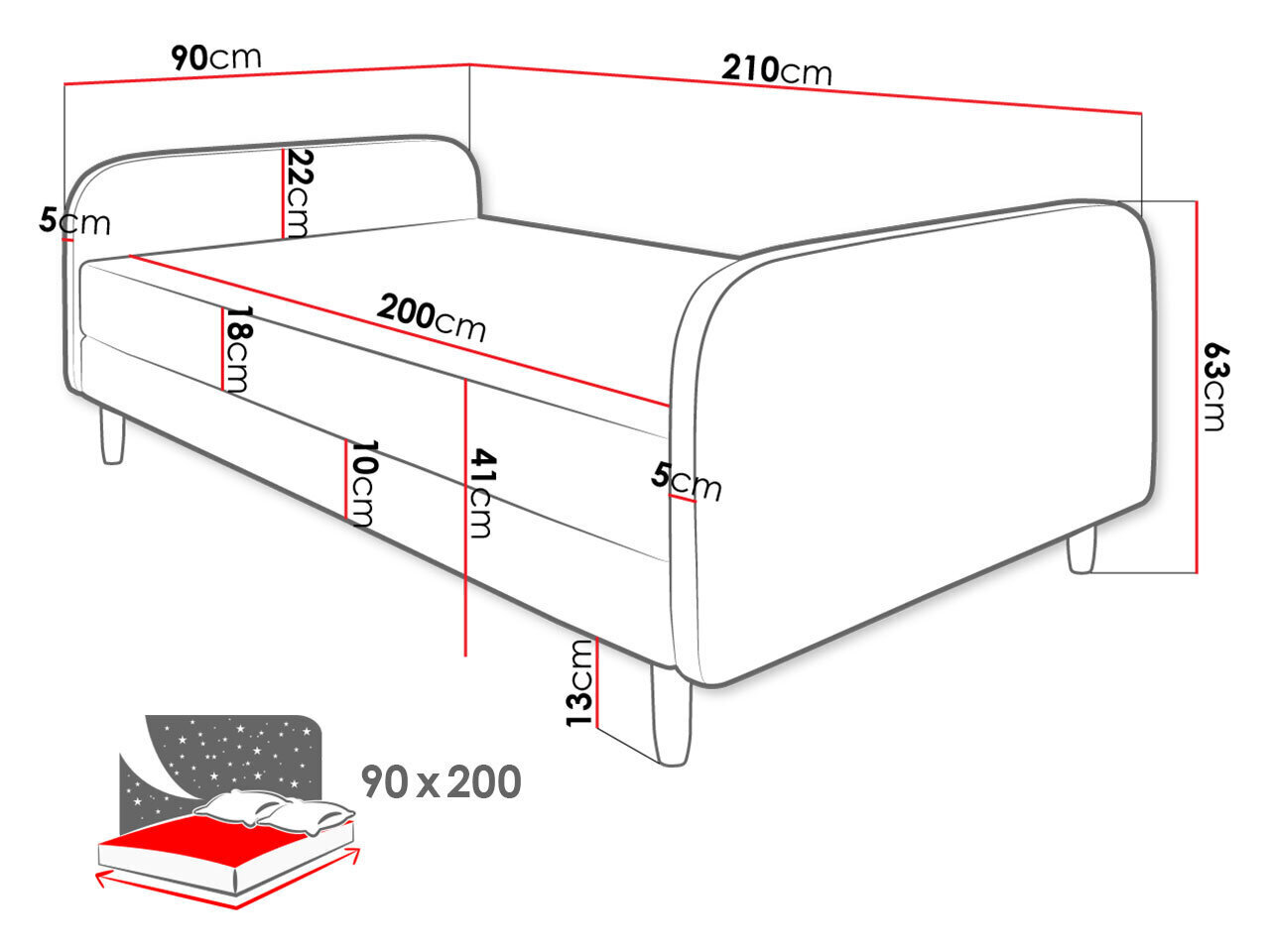 Gulta Moriba 3 90x200cm, pelēka цена и информация | Gultas | 220.lv