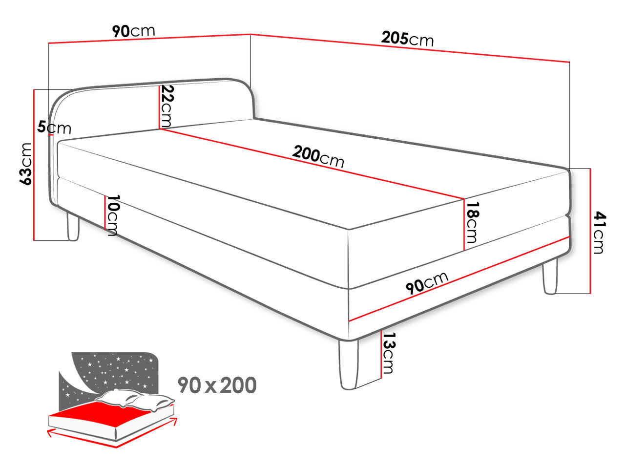 Gulta Moriba 2 90x200cm, melna cena un informācija | Gultas | 220.lv