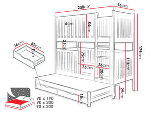 Двухъярусная трехместная кровать Deosen 90x200 см, белая цена и информация | Детские кровати | 220.lv