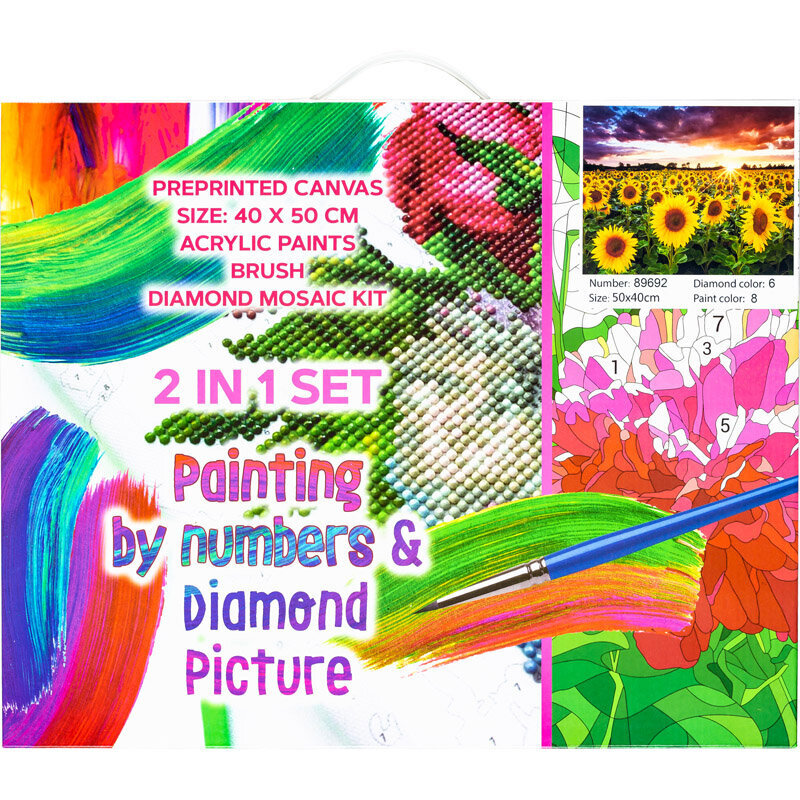 Glezna 2 vienā: Glezna pēc numuriem + Dimantu mozaīka "Saulespuķes" 40x50, C 89692 cena un informācija | Dimantu mozaīkas | 220.lv