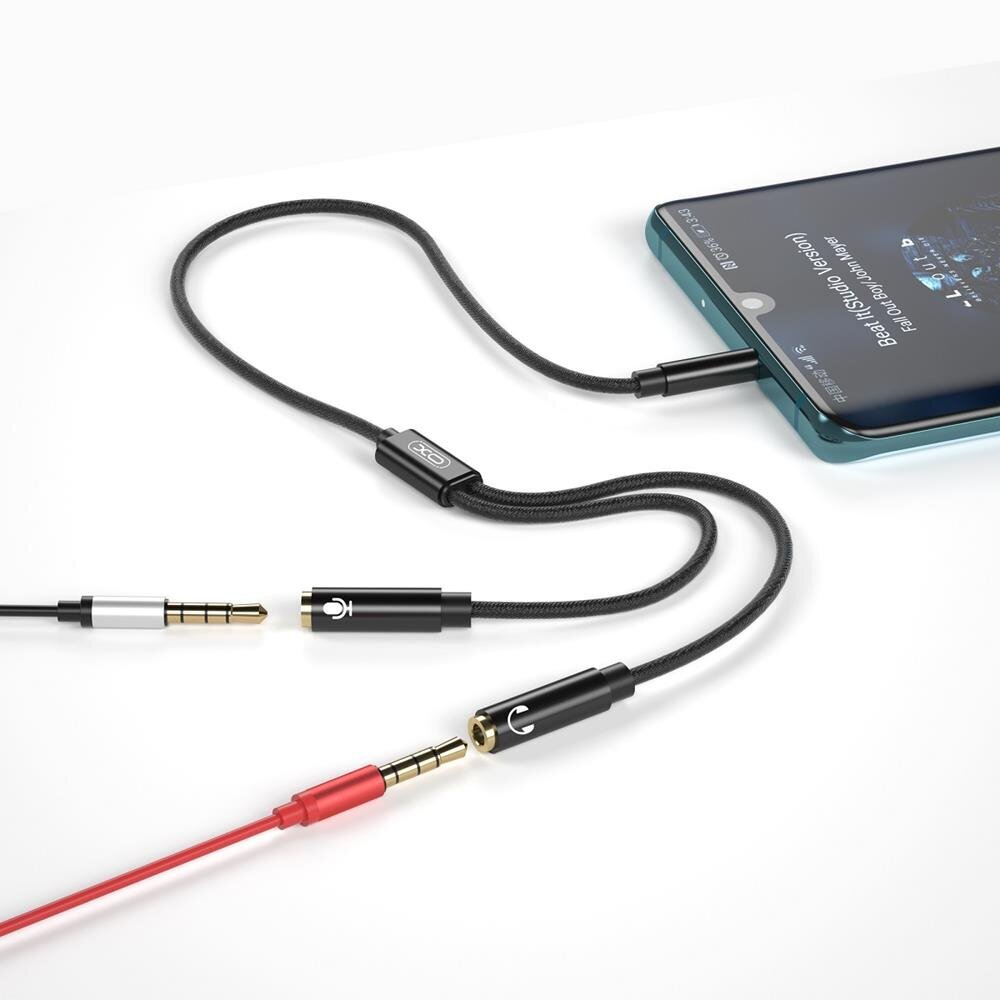 XO audio cable 2in1 NB-R197 3.5mm jack - socket 3.5mm jack / microphone 0,23 m black cena un informācija | Savienotājkabeļi | 220.lv