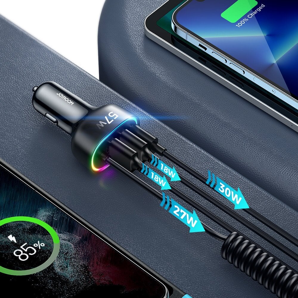 Joyroom 4 in 1 Fast Car Charger PD, QC3.0, AFC, FCP with 1.6m 57W Lightning Cable Black (JR-CL20) cena un informācija | Lādētāji un adapteri | 220.lv