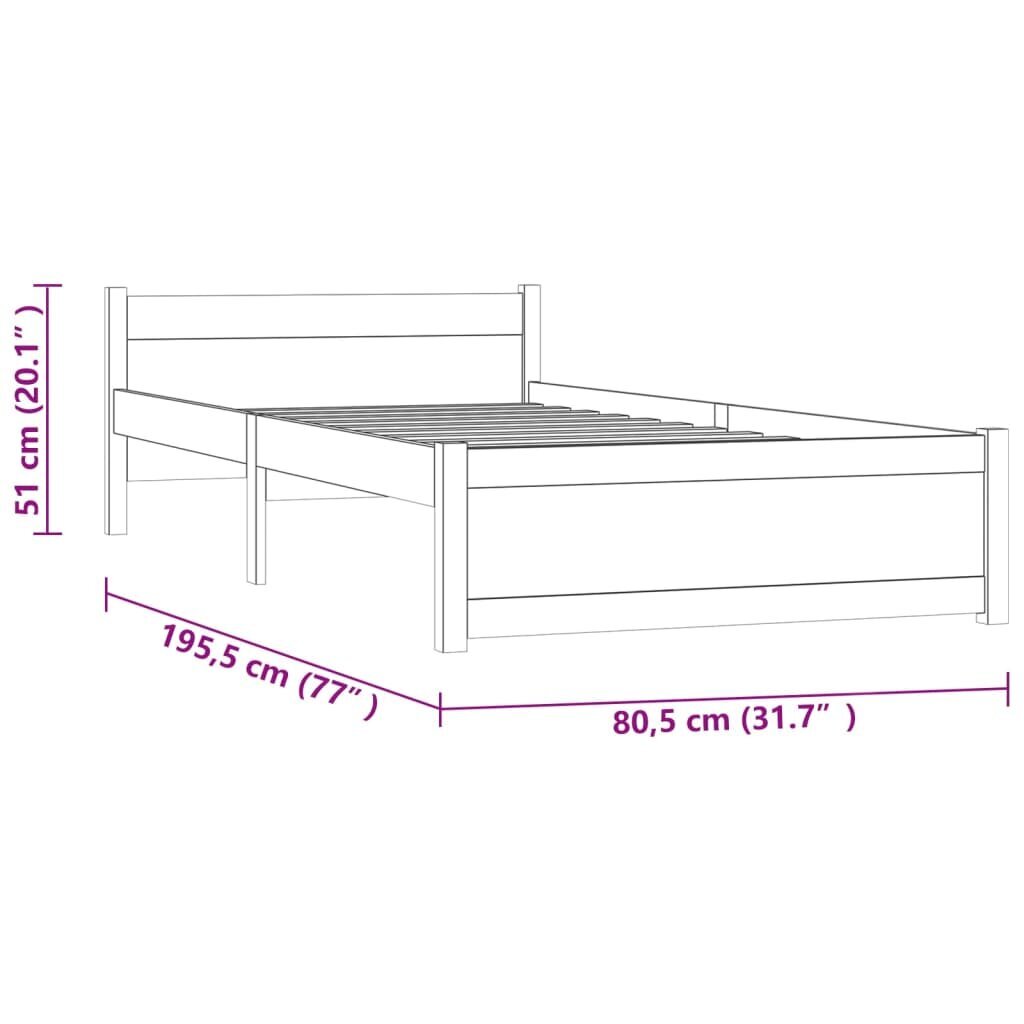 vidaXL gultas rāmis, masīvkoks, 75x190 cm, 2FT6, vienvietīgs cena un informācija | Gultas | 220.lv