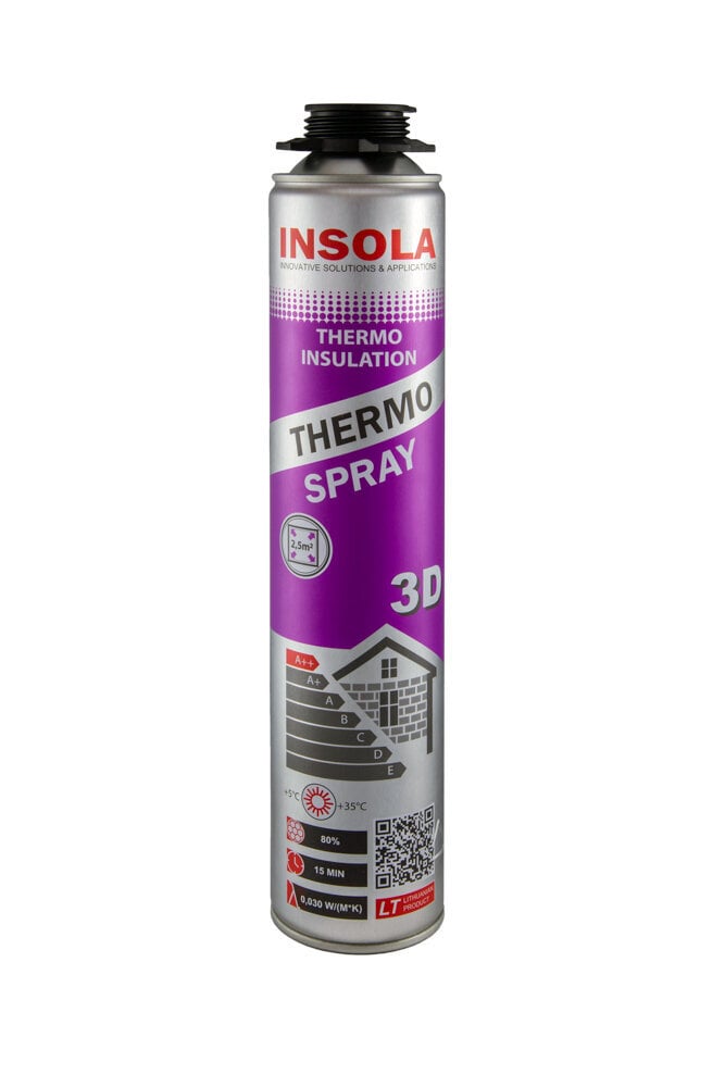 Izsmidzināma siltumizolācija INSOLA Thermo Spray 3D, 850 ml. cena un informācija | Izolācijas materiāli | 220.lv