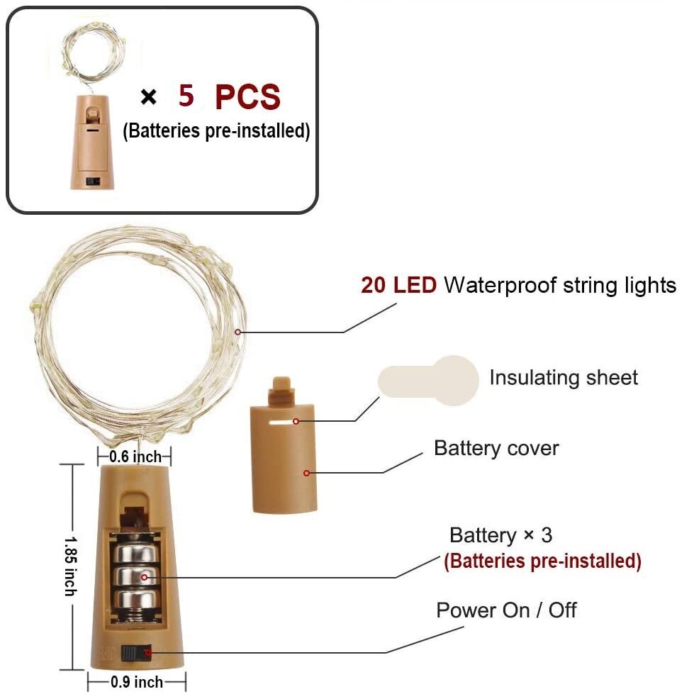 5 gabaliņu vītne korķa formā no pudeles ar baterijām cena un informācija | Ziemassvētku lampiņas, LED virtenes | 220.lv