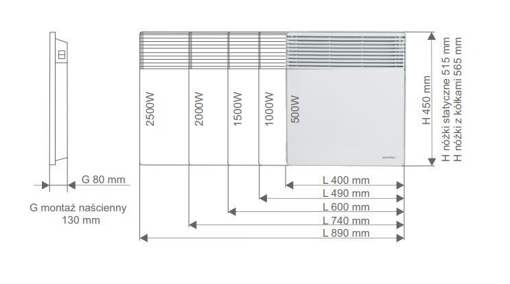 Konvektora sildītājs 74х45х8 cm WARMTEC EWX-2000, termostats, 2000 W balts cena un informācija | Sildītāji | 220.lv