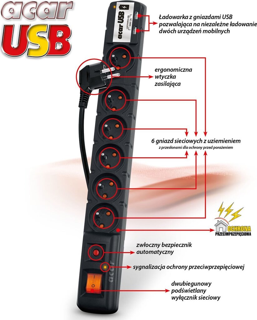 Pagarinājuma ligzda Acar USB 6 cena un informācija | Pagarinātāji | 220.lv