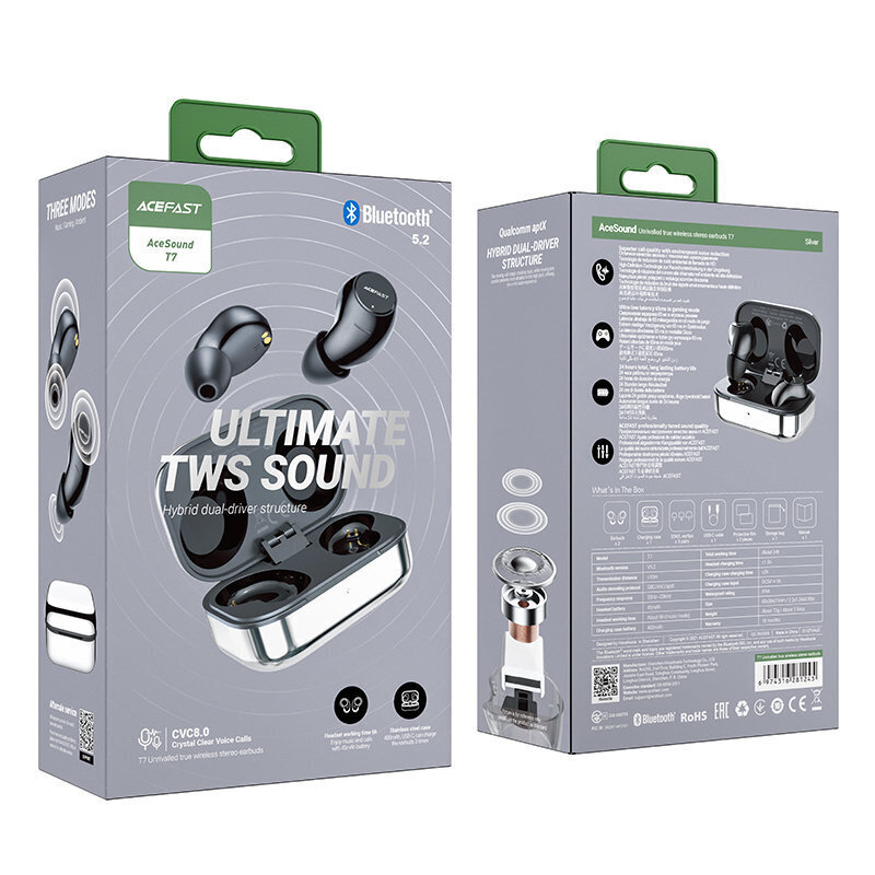 Acefast In-Ear TWS Bluetooth 5.2 T7 Silver cena un informācija | Austiņas | 220.lv