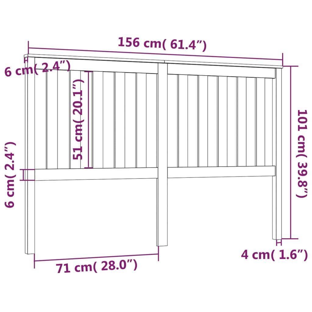 Gultas galvgalis, balts, 156x6x101cm, priedes masīvkoks cena un informācija | Gultas | 220.lv