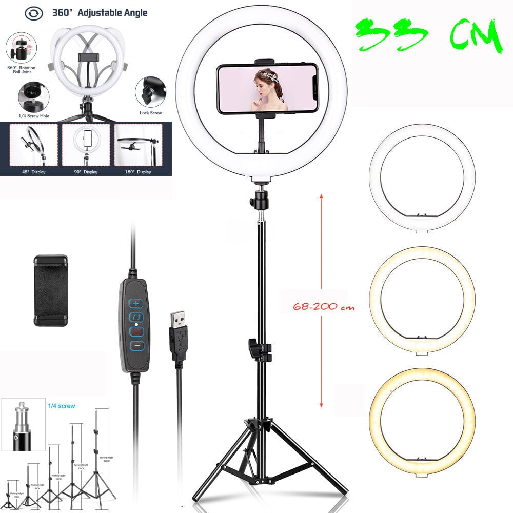 LED riņķis / LED gredzens / LED RING lampa 33 cm ar turētāju mobilajam telefonam + statīvs (68-200 cm) cena un informācija | Apgaismojums fotografēšanai | 220.lv