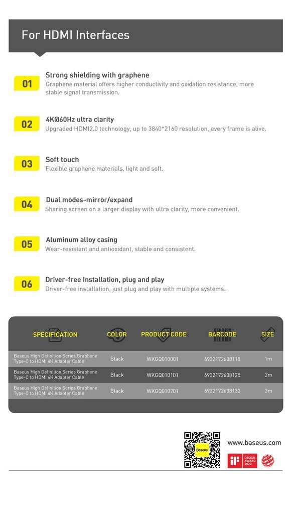 Baseus High Definition Series adapter cable USB Type C - HDMI 2.0 4K 60Hz 3m black (WKGQ010201) cena un informācija | Savienotājkabeļi | 220.lv