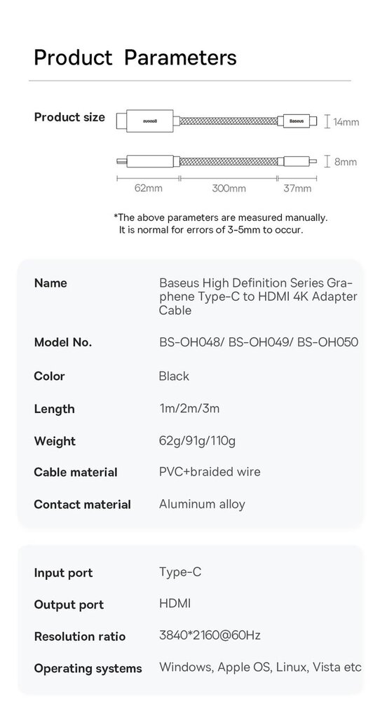 Baseus High Definition Series adapter cable USB Type C - HDMI 2.0 4K 60Hz 3m black (WKGQ010201) cena un informācija | Savienotājkabeļi | 220.lv