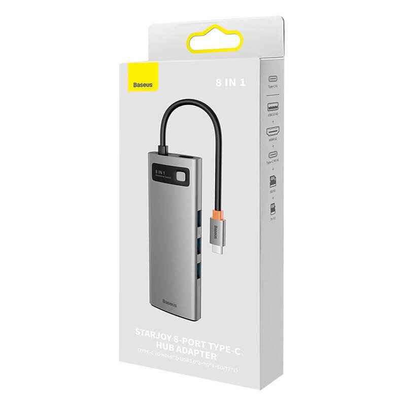 Hub 8in1 Baseus Metal Gleam Series, USB-C to 3x USB 3.0 + 2x HDMI + USB-C PD + microSD/SD цена и информация | Adapteri un USB centrmezgli | 220.lv