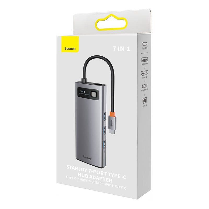 Hub 7in1 Baseus Metal Gleam Series, USB-C to 3x USB 3.0 + 2x HDMI + USB-C PD + Ethernet RJ45 cena un informācija | Adapteri un USB centrmezgli | 220.lv