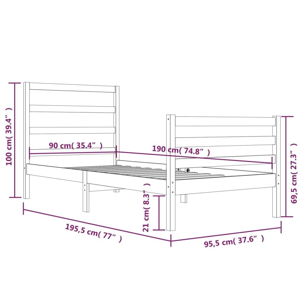 vidaXL gultas rāmis, masīvkoks, 90x190 cm, 3FT, vienvietīgs cena un informācija | Gultas | 220.lv