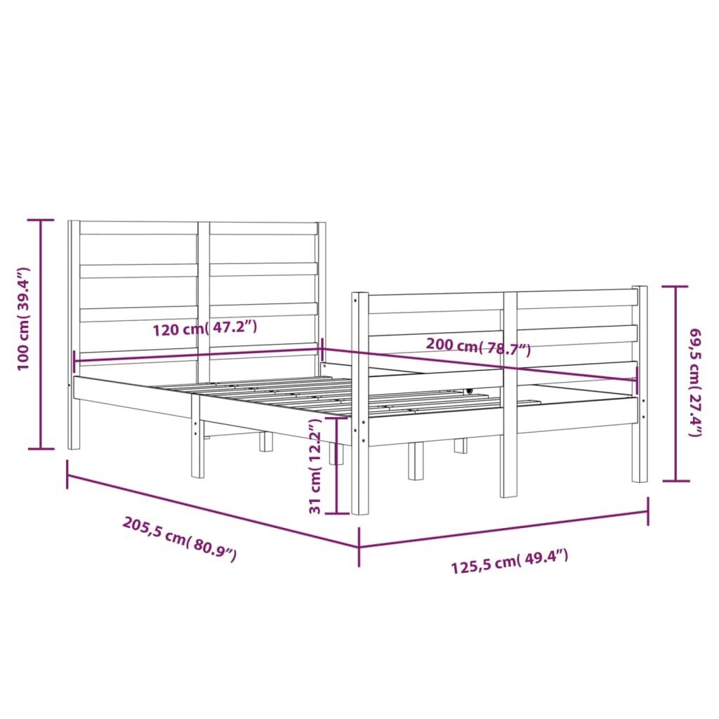 vidaXL gultas rāmis, priedes masīvkoks, 120x200 cm cena un informācija | Gultas | 220.lv