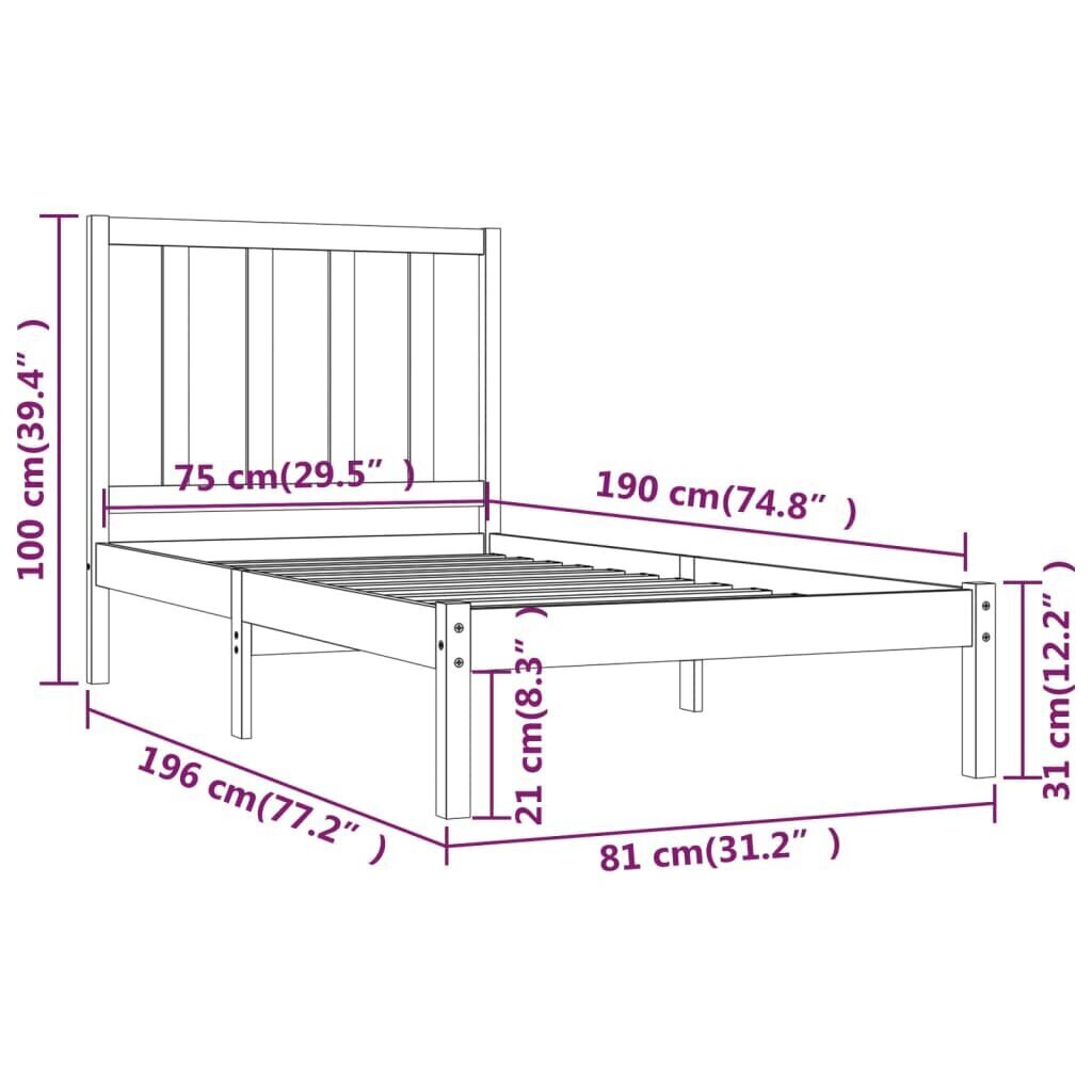 vidaXL gultas rāmis, melns, priedes masīvkoks, 75x190 cm, 2FT6 cena un informācija | Gultas | 220.lv