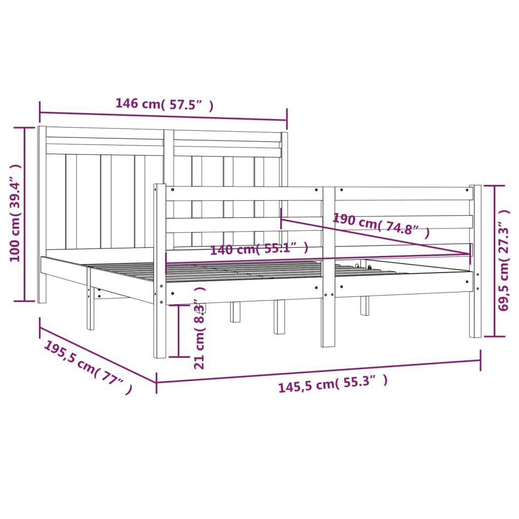 vidaXL gultas rāmis, masīvkoks, 140x190 cm цена и информация | Gultas | 220.lv