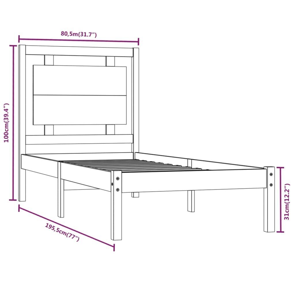 Gultas rāmis, melns, 75x190cm, masīvkoks, vienvietīgs cena un informācija | Gultas | 220.lv