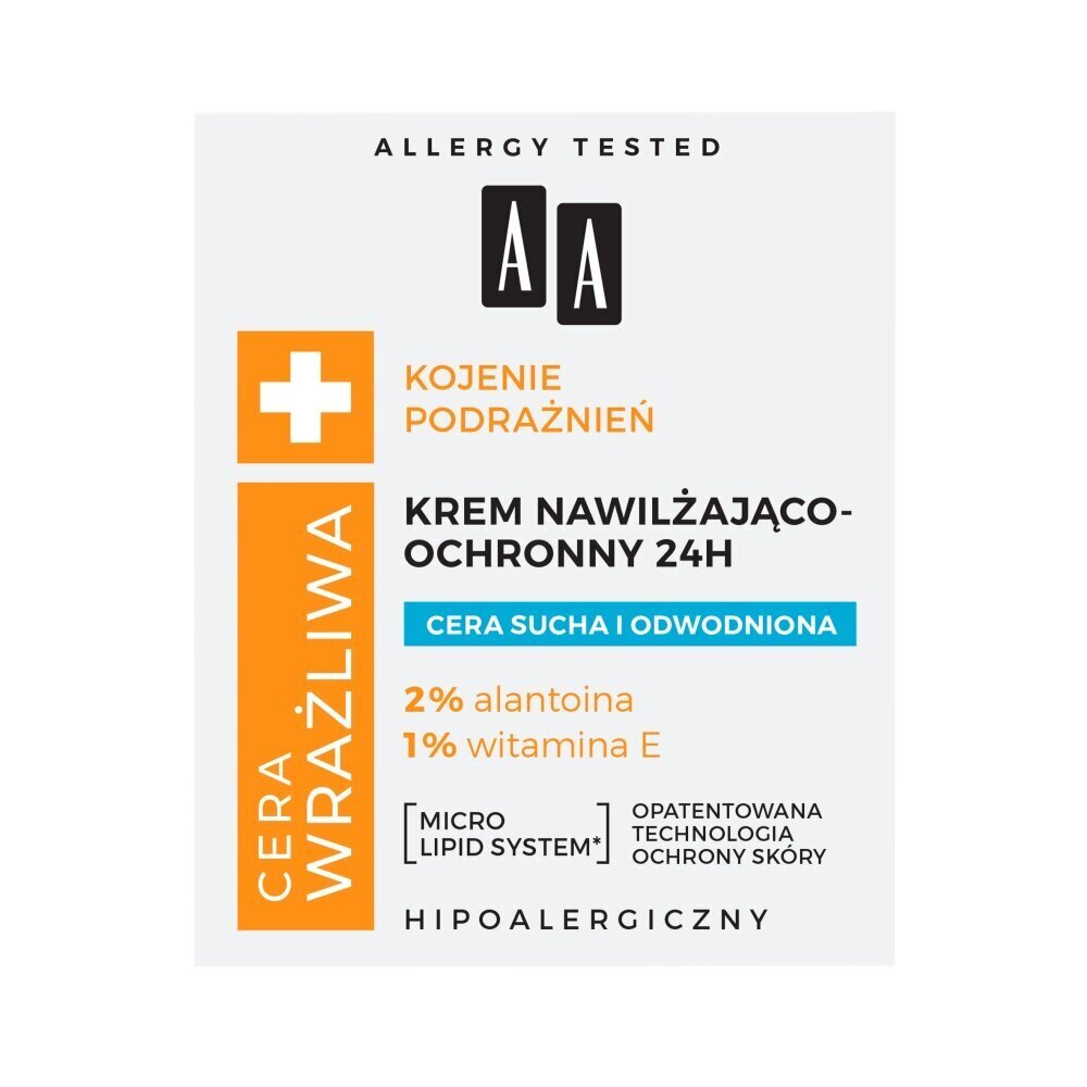 Mitrinošs un aizsargājošs krēms sausai un dehidrētai ādai AA Sensitive Skin Soothing Irritations 24H, 50 ml cena un informācija | Sejas krēmi | 220.lv