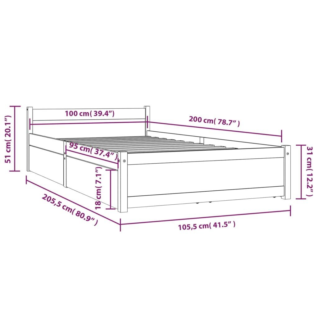 Gultas rāmis ar atvilktnēm, balts, 100x200cm cena un informācija | Gultas | 220.lv