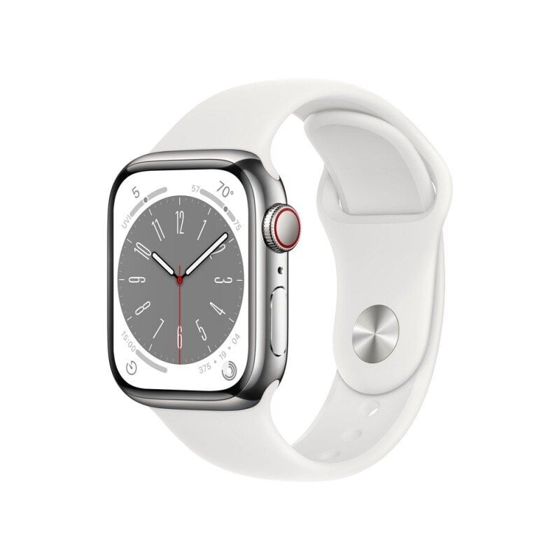 Apple Watch Series 8 GPS + Cellular 41mm Silver Stainless Steel Case ,White Sport Band - MNJ53EL/A LV-EE cena un informācija | Viedpulksteņi (smartwatch) | 220.lv