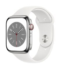 Apple Watch Series 8 GPS + Cellular 45мм Серебристый корпус из нержавеющей стали, белый спортивный ремешок - Regular MNKE3KS/A цена и информация | Смарт-часы (smartwatch) | 220.lv