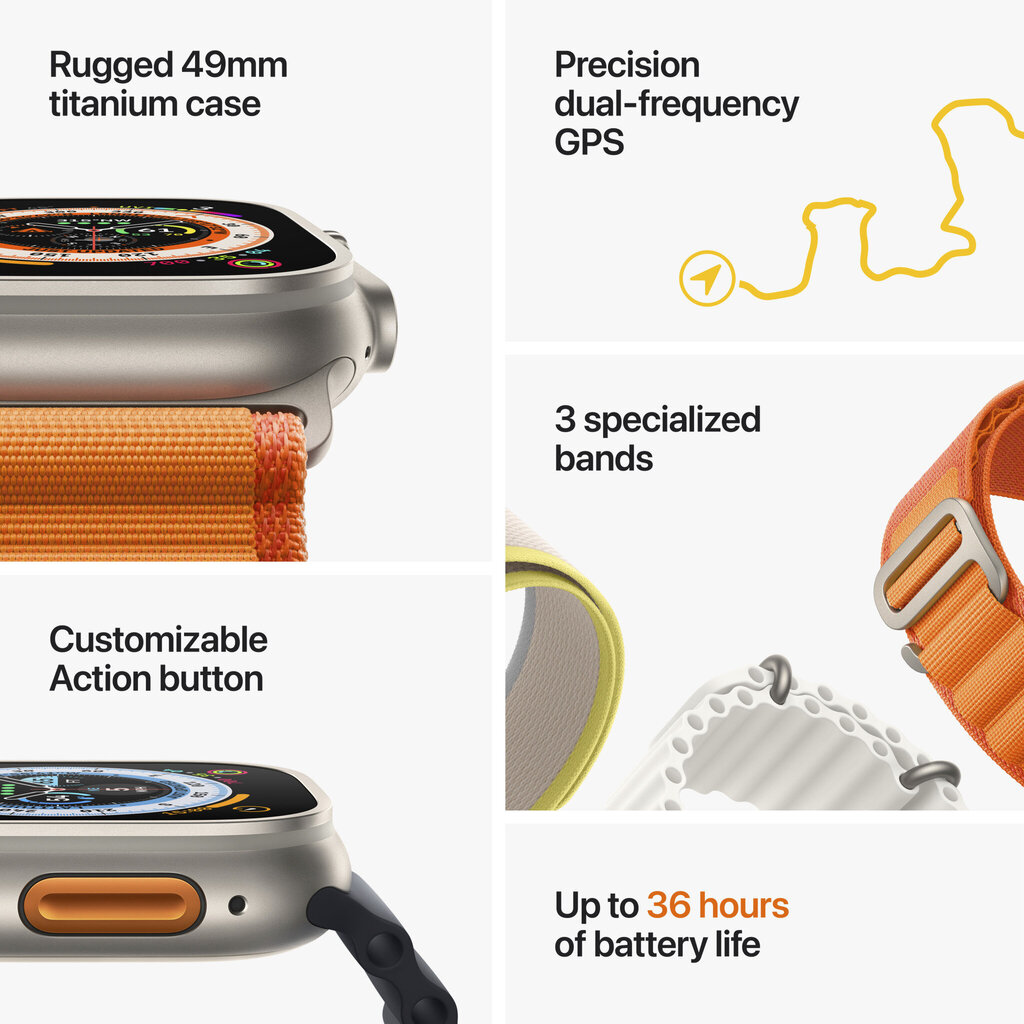 Apple Watch Ultra GPS + Cellular, 49mm Titanium Case ,Yellow/Beige Trail Loop - M/L MQFU3UL/A cena un informācija | Viedpulksteņi (smartwatch) | 220.lv