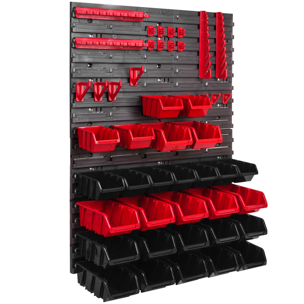 Darbnīcas sienas plaukts 57 x 78 cm sakraušanas kastes instrumentu turētājs plastmasas sarkans melns sienas stiprinājums sienas plāksnes montāžas sliedes (28 kastes sarkanas/melnas) цена и информация | Instrumentu kastes | 220.lv