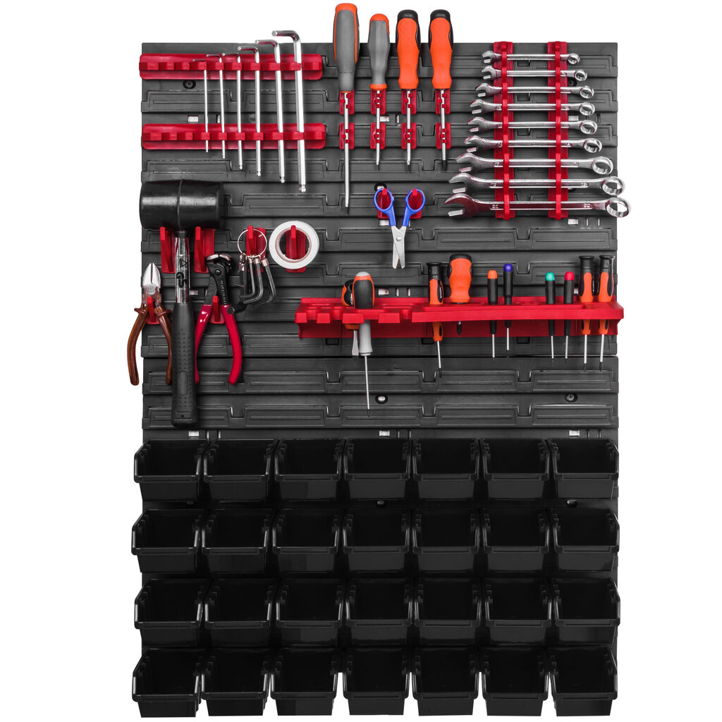 576 x 780 mm sienas plaukts darbnīcas garāžas uzglabāšana hobija telpa instrumentu turētājs kraušanas kastes uzglabāšanas tvertnes. (28 kastes melnas) cena un informācija | Instrumentu kastes | 220.lv