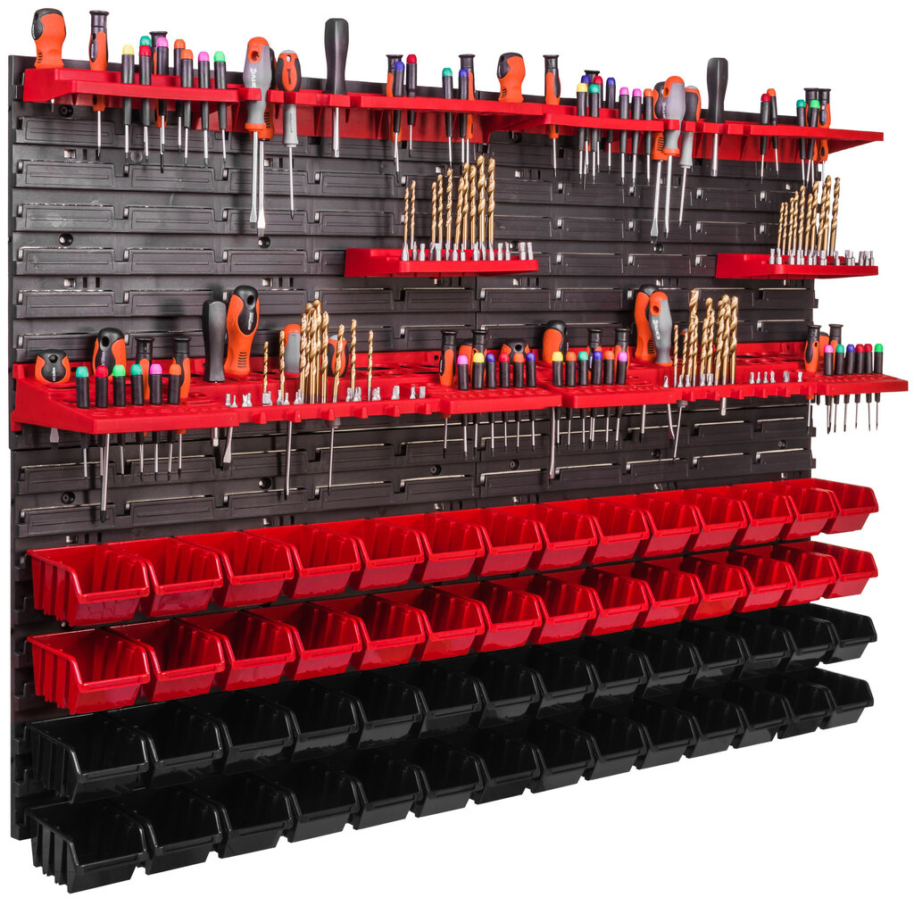 Instrumentu siena 115 x 78 cm sakraušanas kastes instrumentu turētājs sienas plāksnes montāžas sliedes garāžas uzglabāšanas darbnīcas hobijs (56 kastes sarkans/melns) cena un informācija | Instrumentu kastes | 220.lv