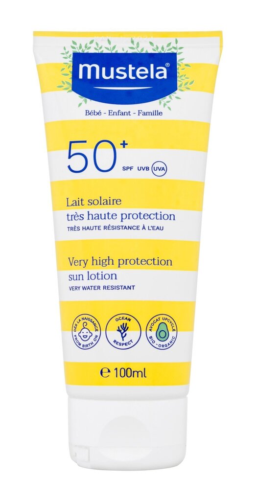 Sauļošanās krēms Mustela Very High Protection sun Lotion SPF50+, 100 ml cena un informācija | Sauļošanās krēmi | 220.lv